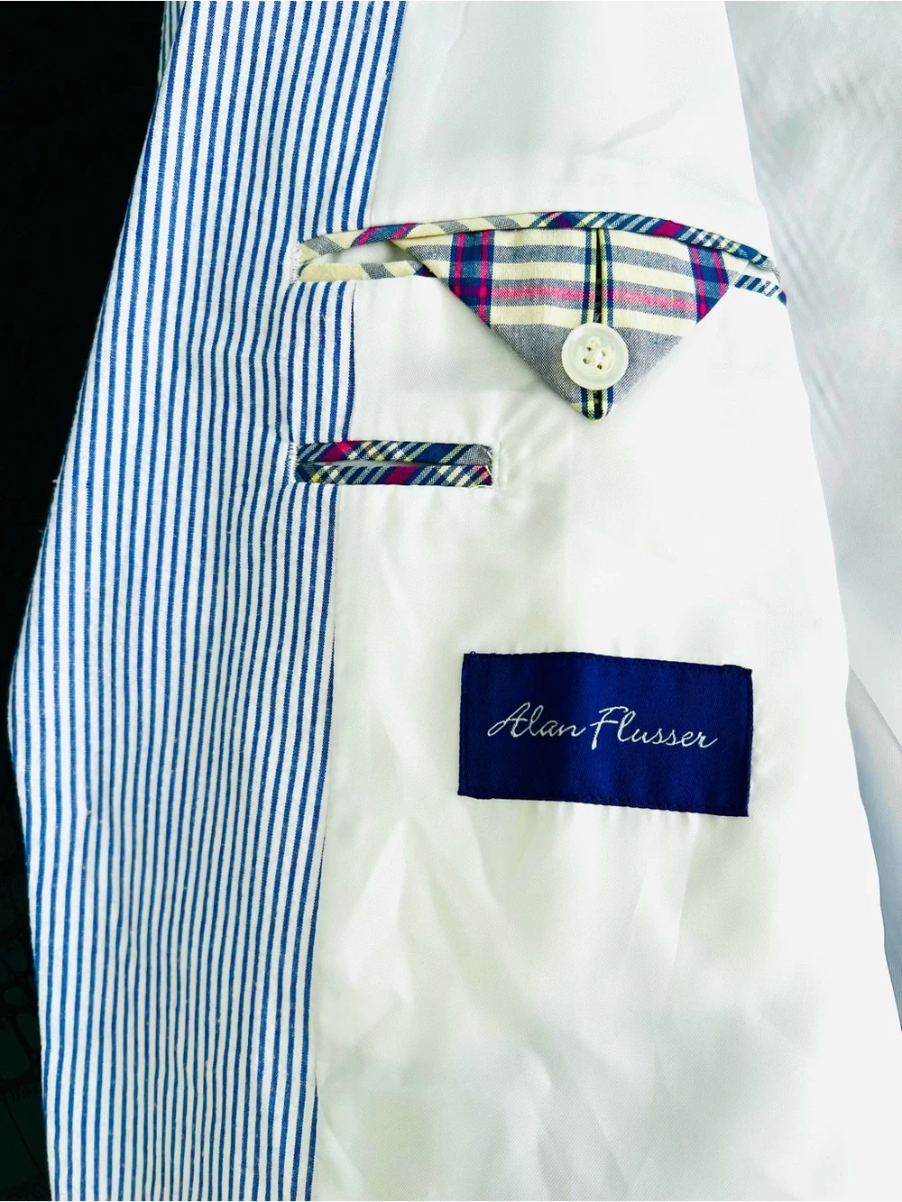 100% Cotton Alan Flusser Blue & White Striped Seersucker Sport Coat